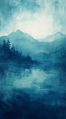 Misty Mountain Landscape with Forest and Lake in Blue Hues