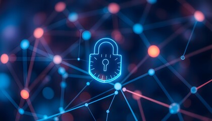 Abstract digital graphic of a glowing padlock, network connections, and dots.