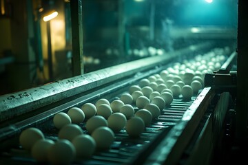 an industrial setting with numerous white eggs on a moving conveyor belt