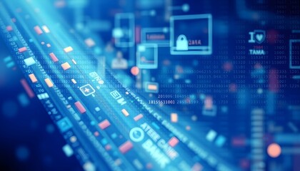 Abstract digital interface with glowing data streams and various icons, showcasing a complex technological system.