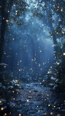 Walking in Rainy Forest with Lights Glowing on the Path