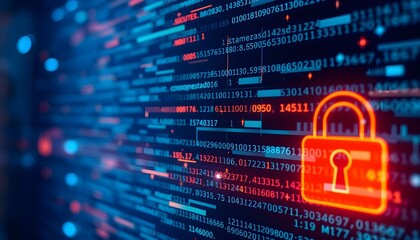 Cybersecurity protection: a glowing red padlock secures digital data streams.