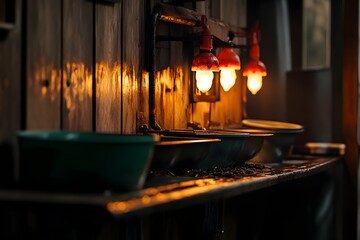 a rustic scene featuring a row of various sized basins on a shelf against a wood panel wall