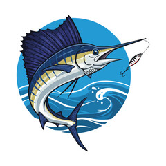Sailfish leaping from ocean with lure, fishing concept.