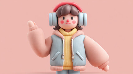 Cute girl wear blue headphone and yellow clothe happy feeling , on pink background. cartoon 3d illustration.