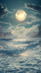 Waves Crashing Under a Night Sky with a Shining Moon