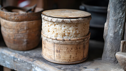 Naklejka premium A small, cylindrical wooden container on a wooden shelf.
