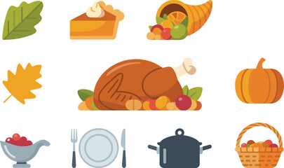 Fototapeta premium Thanksgiving Icons Illustration with Turkey Pumpkin Pie Cornucopia and Autumn Leaves