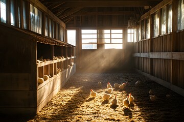 the image presents a rustic interior setting filled with many fowl