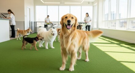 Joyful dogs gather at a bright modern pet daycare center enjoying playtime