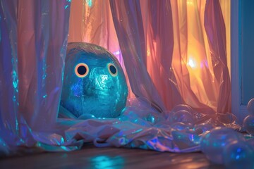 A blue owl sitting on a table