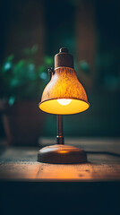 A small, vintage-style desk lamp with a warm-toned light on a wooden surface.