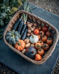 A rustic basket overflowing with a colorful assortment of freshly harvested garden vegetables