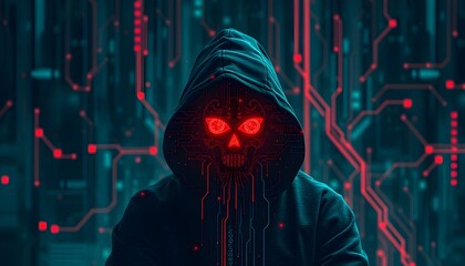 A hooded figure with a skull face, surrounded by digital circuitry.