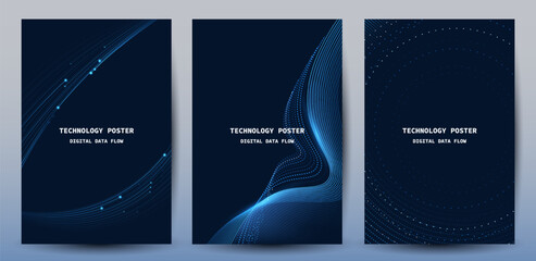 Technology Banner Poster set. Futuristic digital data wave glowing lines. Data science concept tech banner, corporate business presentation or booklet technology
