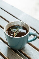 A cup of hot coffee with a green leaf on a wooden table offers a moment of relaxation