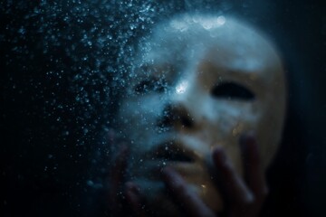 Mysterious figure submerged in water, exploring themes of identity and transformation in a dimly lit environment