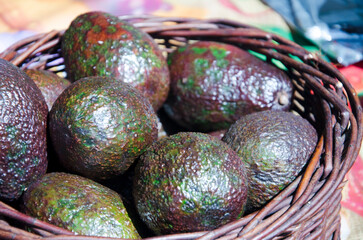 Close-up of ripe Hass avocados in a handwoven wicker basket at an outdoor market. The natural texture of the avocado skins contrasts beautifully with the warm rustic basket.