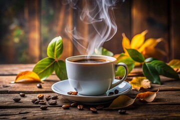 A cup of hot coffee with steam on a wooden table surrounded by autumn leaves creates a cozy atmosphere