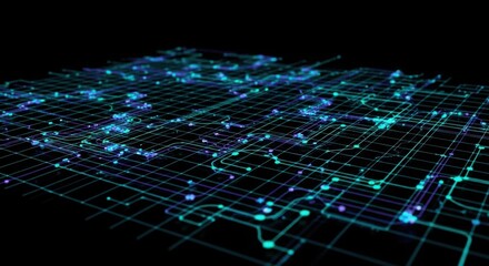 Abstract digital network visualization with glowing blue and green nodes on a dark background representing data flow and connectivity