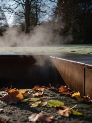 Steam rises from a frosty garden on a cold autumn morning with leaves scattered on the ground