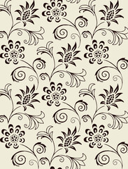 Floral pattern with swirling vines and stylized flowers in a repeating design on a light background
