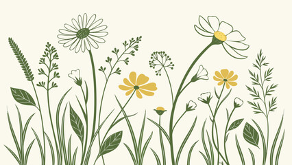 minimalist watercolor wildflower meadow pattern with yellow and white flowers