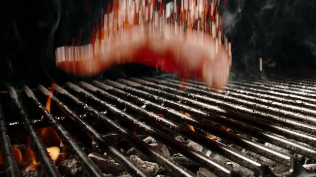 Chicken Fillet with Spices Dropping on Flaming Grill in Slow Motion