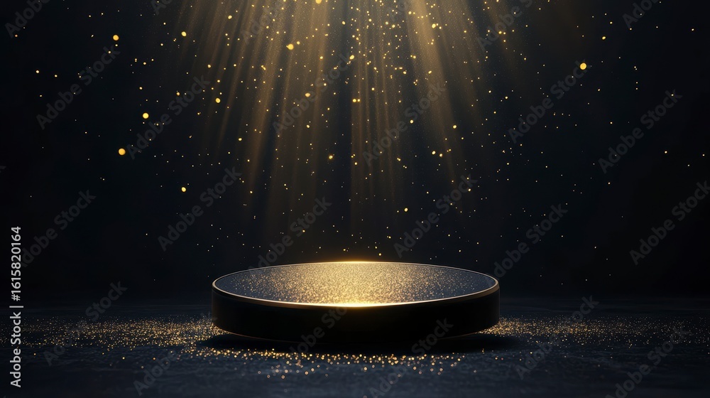 Canvas Prints dark platform with golden light rays and glitter.