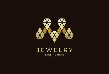 Abstract initial letter M Jewelry logo, modern letter M with diamond combination, usable for branding and business logos, Flat Logo Design Template, vector illustration