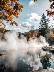 The serene lake reflects the autumn foliage and misty air, creating a tranquil natural scene