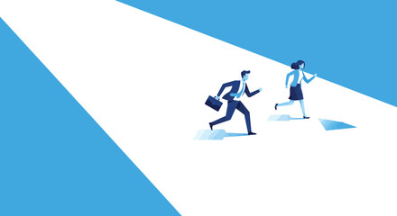 Business people in motion with dynamic blue silhouette on geometric background