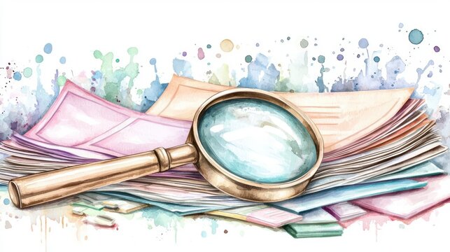 business tax with tax filing and audit preparation. Financial audit process, stack of financial reports and magnifier, compliance check, watercolor style