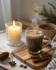 Aromatic coffee in a glass mug with cinnamon sticks and a burning candle creating a cozy winter scene