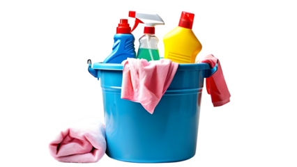 A bucket filled with various toilet cleaners, a rag, and some trash bags, all isolated on a white background.