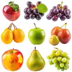 Fresh fruit arrangement in a grid.  Nine whole fruits, including apples, pears, plums, and grapes, in various colors and types.  Close-up, isolated against black background