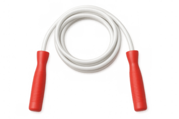 Vibrant red-handled jump rope hanging, fitness equipment for cardio training, white cord against transparent backdrop