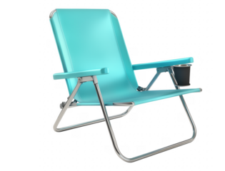 Modern turquoise beach chair with cup holder isolated on a transparent background