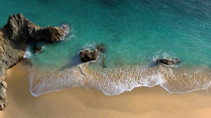 High-angle view of a secluded beach with turquoise water and rocks.