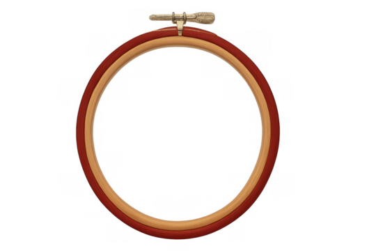Round wooden embroidery hoop with tightening screw, isolated on transparent background, ready for needlework and crafting projects