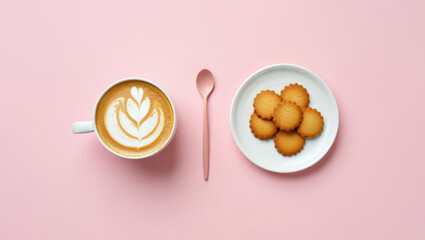 Overhead Shot of Coffee with Latte Art, Spoon, and Cookies on a Pink Background for a Cozy and Delicious Still Life Composition