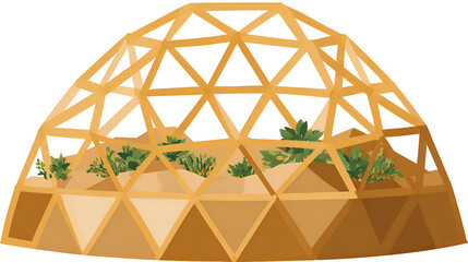 A Detailed Model of a Light Brown Wooden Geodesic Dome Greenhouse with Various Small Green Plants Growing Inside on a Transparent Background