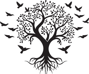 Tree with Birds flying on top tree roof side vector shape 