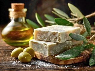 Rustic Still-Life of Olive Oil Bottles and Cheese Block on Wooden Table