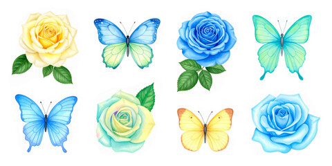 Watercolor Clipart of Flowers Roses and Butterflies Blue, Yellow, and Green Colors Isolated on White Background. Set of Drawn Elements. AI generated.