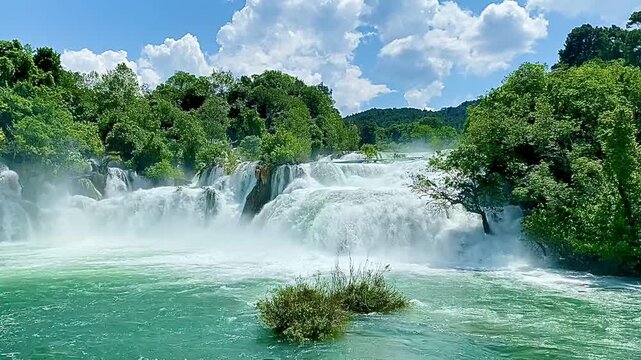 Impressive front view of the powerful waterfalls in Krka National Park, Croatia. The strong water flow and lush surroundings highlight nature&rsquo;s raw beauty and force.