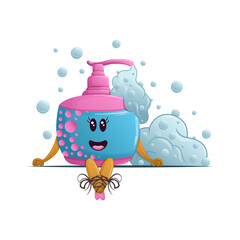 Transparent PNG of a cute cartoon hand soap bottle with a smiling face and foam bubbles. Perfect for hygiene, cleaning and sticker design.
