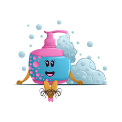 Cute Cartoon Hand Soap Bottle with Bubbles &ndash; Vector Illustration