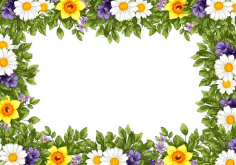Obraz premium Floral frame with daffodils, daisies, and purple flowers on a black background