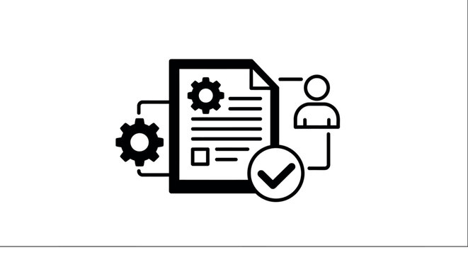 Document management icon with gear and user outline for workflow solutions